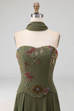 Olive Floral Strapless A Line Basque Wasit Long Mother of the Bride Dress with Beading