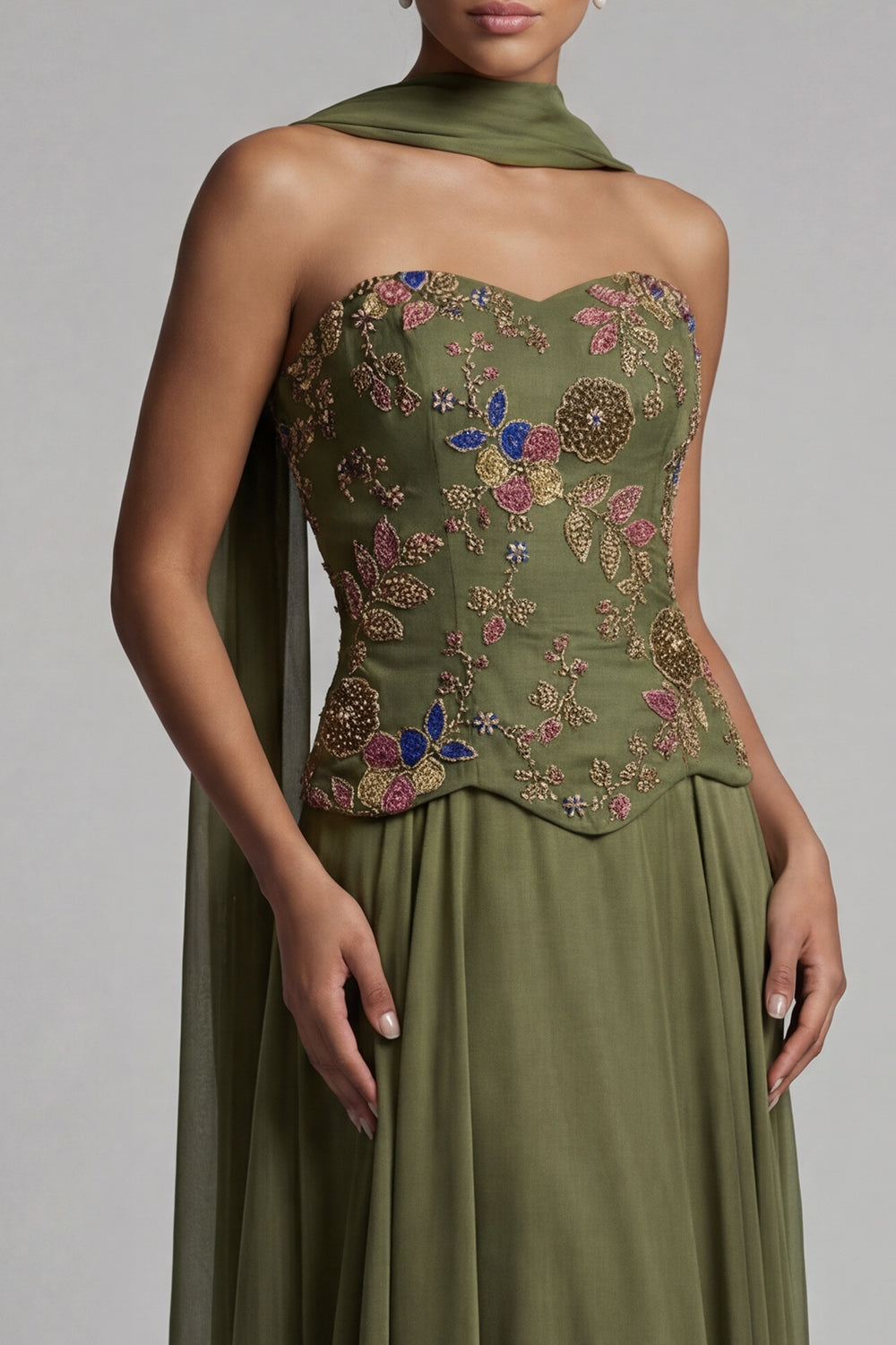 Olive Floral Strapless A Line Basque Wasit Long Mother of the Bride Dress with Beading