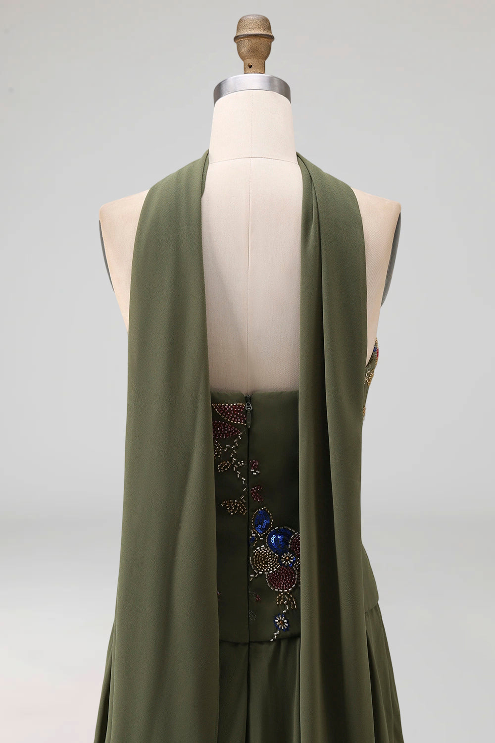 Olive Floral Strapless A Line Basque Wasit Long Mother of the Bride Dress with Beading