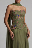 Olive Floral Strapless A Line Basque Wasit Long Mother of the Bride Dress with Beading