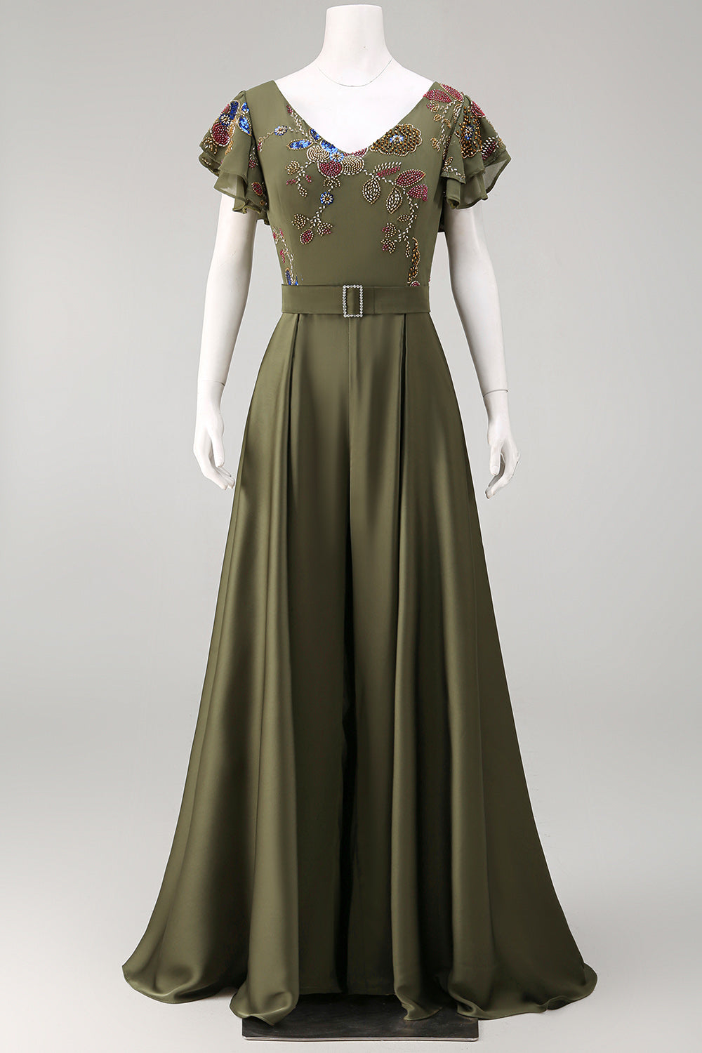 Ruffled V-Neck Olive Floral Beaded Mother of the Bride Jumpsuits with Cape