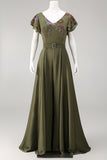 Ruffled V-Neck Olive Floral Beaded Mother of the Bride Jumpsuits with Cape