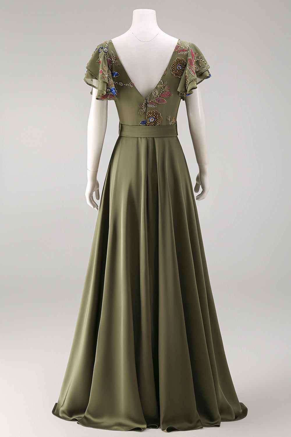 Ruffled V-Neck Olive Floral Beaded Mother of the Bride Jumpsuits with Cape