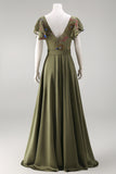 Ruffled V-Neck Olive Floral Beaded Mother of the Bride Jumpsuits with Cape