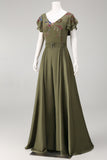 Ruffled V-Neck Olive Floral Beaded Mother of the Bride Jumpsuits with Cape