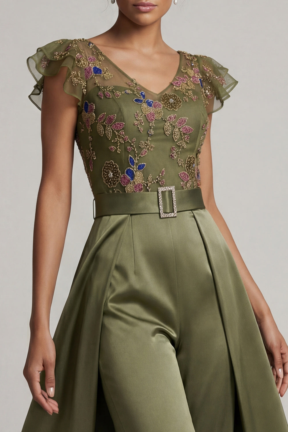 Ruffled V-Neck Olive Floral Beaded Mother of the Bride Jumpsuits with Cape