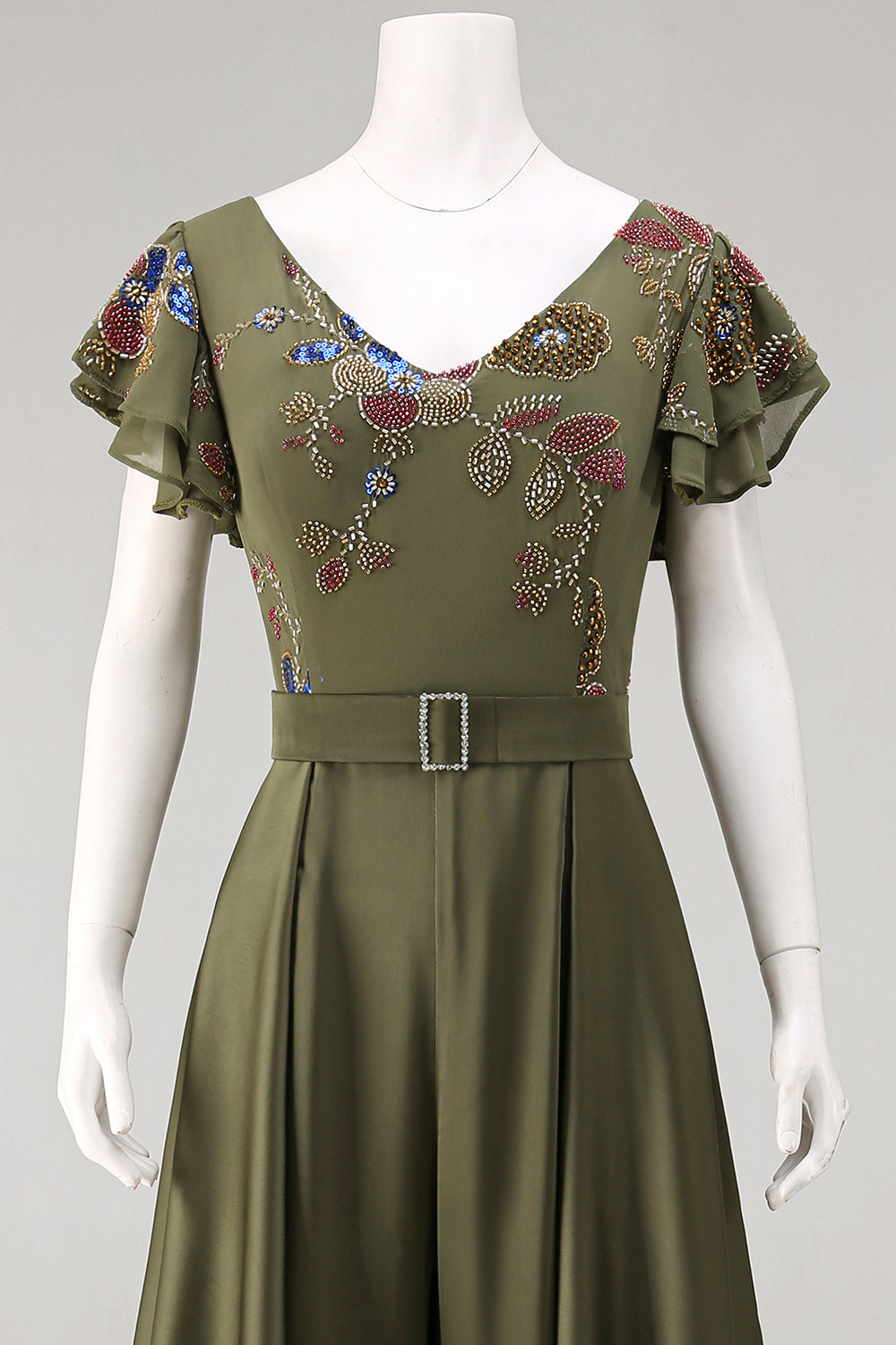 Ruffled V-Neck Olive Floral Beaded Mother of the Bride Jumpsuits with Cape
