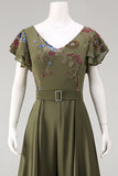 Ruffled V-Neck Olive Floral Beaded Mother of the Bride Jumpsuits with Cape