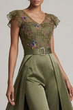 Ruffled V-Neck Olive Floral Beaded Mother of the Bride Jumpsuits with Cape