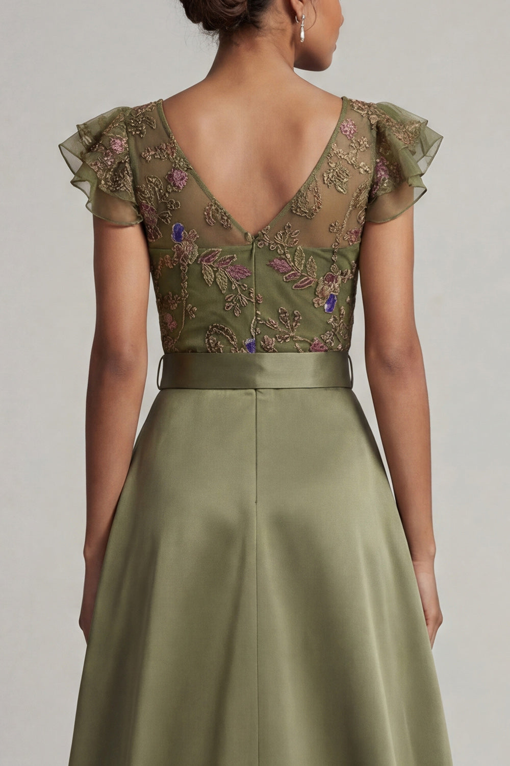 Ruffled V-Neck Olive Floral Beaded Mother of the Bride Jumpsuits with Cape