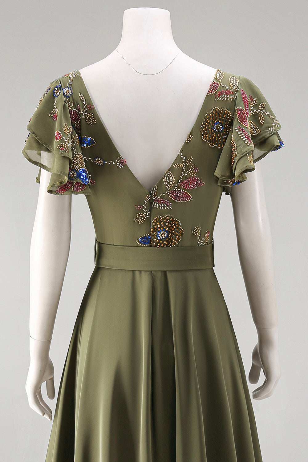 Ruffled V-Neck Olive Floral Beaded Mother of the Bride Jumpsuits with Cape