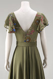 Ruffled V-Neck Olive Floral Beaded Mother of the Bride Jumpsuits with Cape