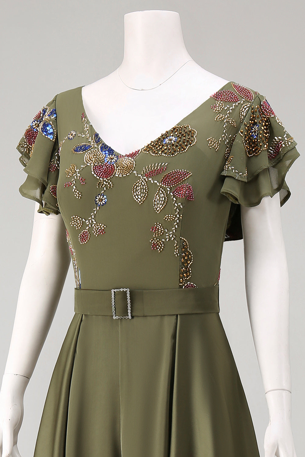 Ruffled V-Neck Olive Floral Beaded Mother of the Bride Jumpsuits with Cape