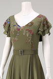 Ruffled V-Neck Olive Floral Beaded Mother of the Bride Jumpsuits with Cape