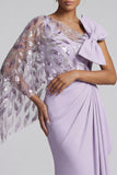 Sparkly Lilac Long Mermaid Ruffled Beaded Mother of the Bride Dress with Bow