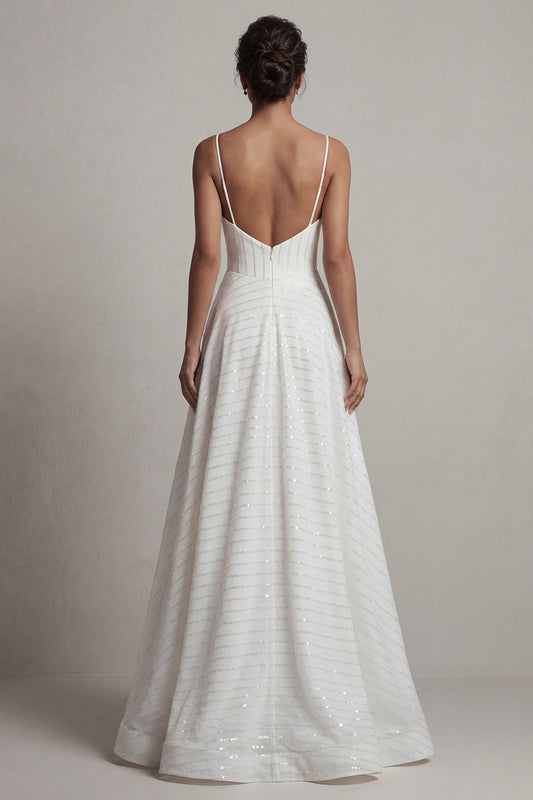 Corset Sparkly White Basque Waist Spaghetti Straps Long Beaded Formal Dress