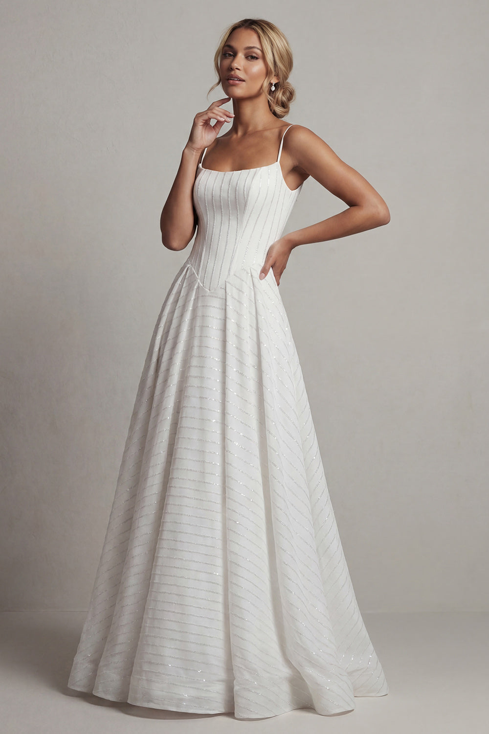 Corset Sparkly White Basque Waist Spaghetti Straps Long Beaded Formal Dress