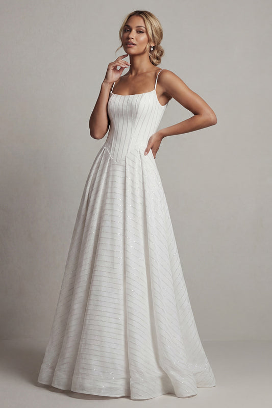 Corset Sparkly White Basque Waist Spaghetti Straps Long Beaded Formal Dress