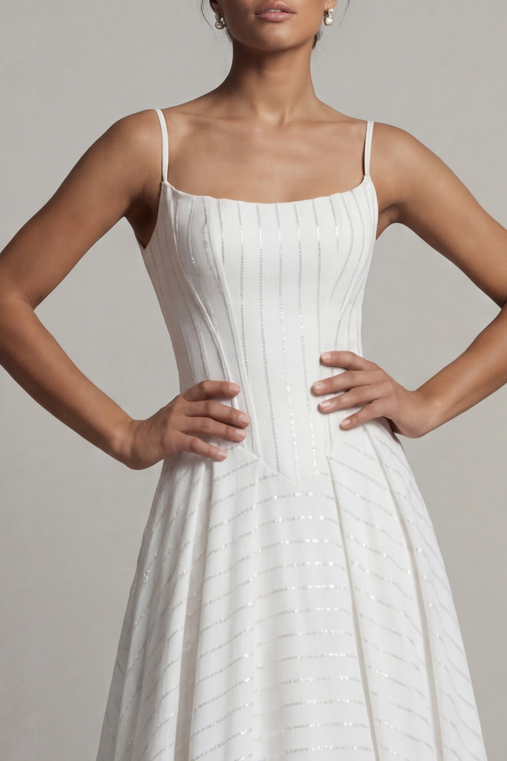 Corset Sparkly White Basque Waist Spaghetti Straps Long Beaded Formal Dress