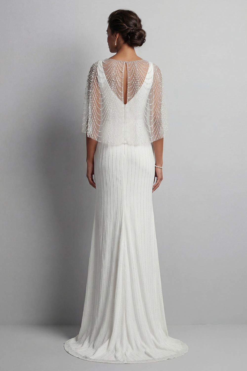 Mermaid Sparkly White V-Neck Long Beaded Mother of the Bride Dress with Pearls