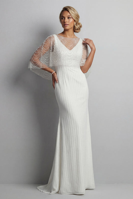 Mermaid Sparkly White V-Neck Long Beaded Mother of the Bride Dress with Pearls