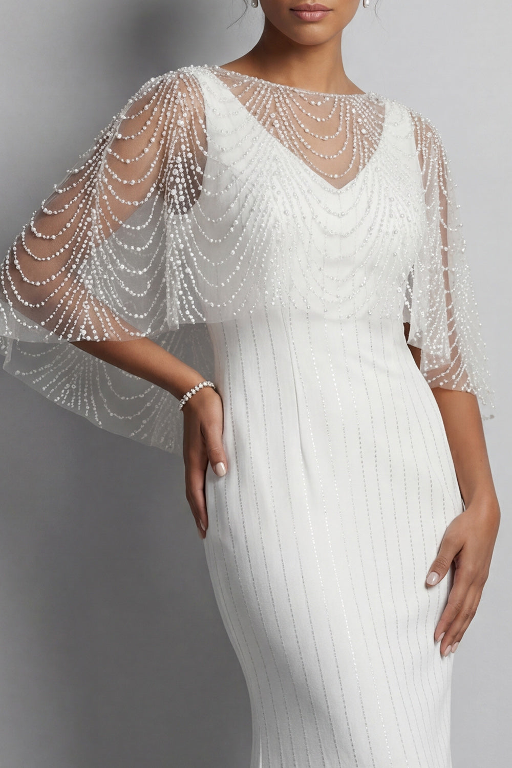 Mermaid Sparkly White V-Neck Long Beaded Mother of the Bride Dress with Pearls