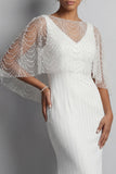 Mermaid Sparkly White V-Neck Long Beaded Mother of the Bride Dress with Pearls