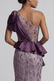 Ruffled Long Beaded Mermaid Sparkly Purple Mother of the Bride Dress with Slit