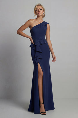Navy One Shoulder Long Beaded Mermaid Mother of the Bride Dress with Ruffles