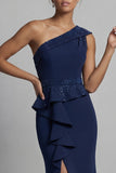 Navy One Shoulder Long Beaded Mermaid Mother of the Bride Dress with Ruffles