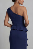 Navy One Shoulder Long Beaded Mermaid Mother of the Bride Dress with Ruffles