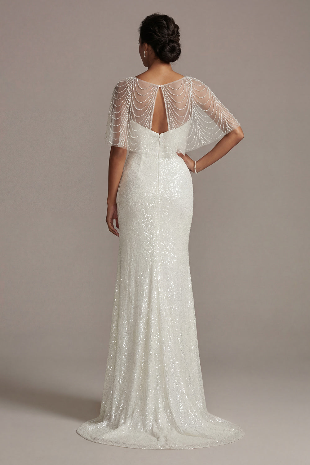 Sparkly White Illusion Boat Neck Mermaid Long Beaded Formal Dress with Pearls