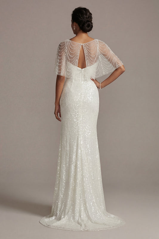 Sparkly White Illusion Boat Neck Mermaid Long Beaded Formal Dress with Pearls