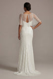 Sparkly White Illusion Boat Neck Mermaid Long Beaded Formal Dress with Pearls