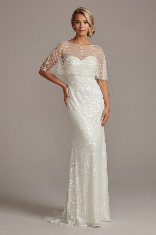 Sparkly White Illusion Boat Neck Mermaid Long Beaded Formal Dress with Pearls