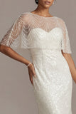 Sparkly White Illusion Boat Neck Mermaid Long Beaded Formal Dress with Pearls