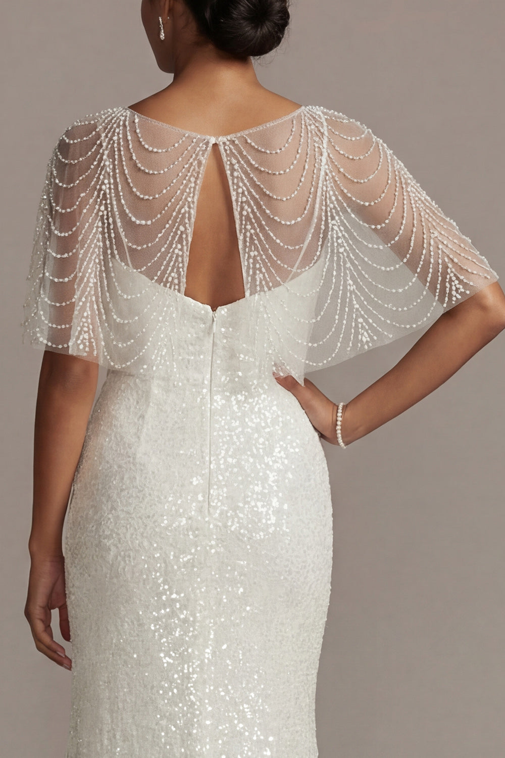 Sparkly White Illusion Boat Neck Mermaid Long Beaded Formal Dress with Pearls