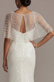 Sparkly White Illusion Boat Neck Mermaid Long Beaded Formal Dress with Pearls