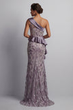 Sparkly Vintage Mauve Long Beaded Mermaid Mother of the Bride Dress with Ruffles