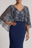 V-Neck Long Sparkly Navy Beaded Mermaid Mother of the Bride Dress with Cape