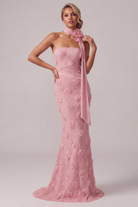 Strapless Pink Mermaid Long Floral Mother of the Bride Dress with 3D Flowers