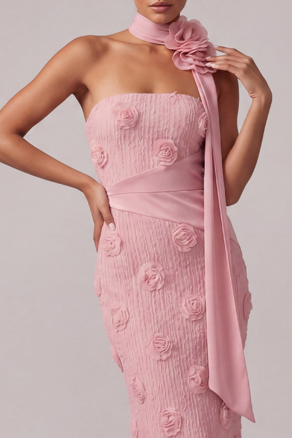 Strapless Pink Mermaid Long Floral Mother of the Bride Dress with 3D Flowers