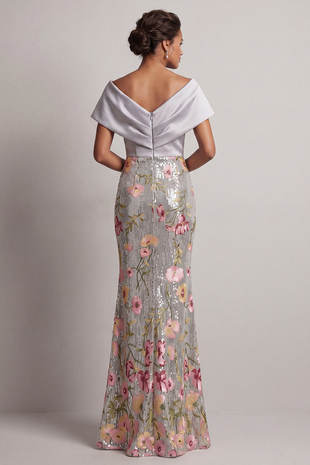 Floral Long Mermaid Sparkly Silver V-Neck Sequin Mother of the Bride Dress