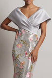 Floral Long Mermaid Sparkly Silver V-Neck Sequin Mother of the Bride Dress