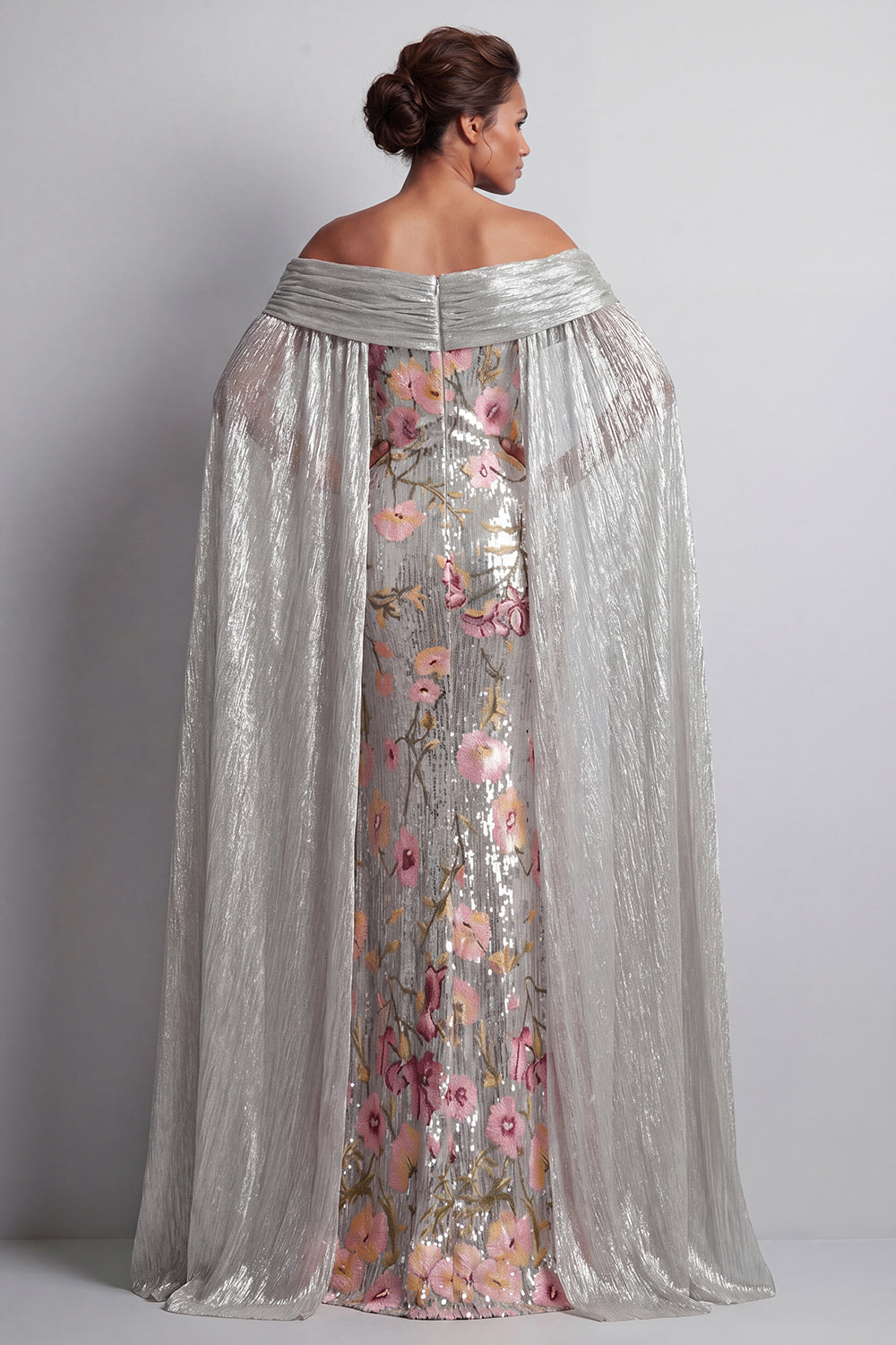 Sparkly Silver Sequin Floral Long Mermaid Mother of the Bride Dress with Cape