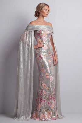 Sparkly Silver Sequin Floral Long Mermaid Mother of the Bride Dress with Cape