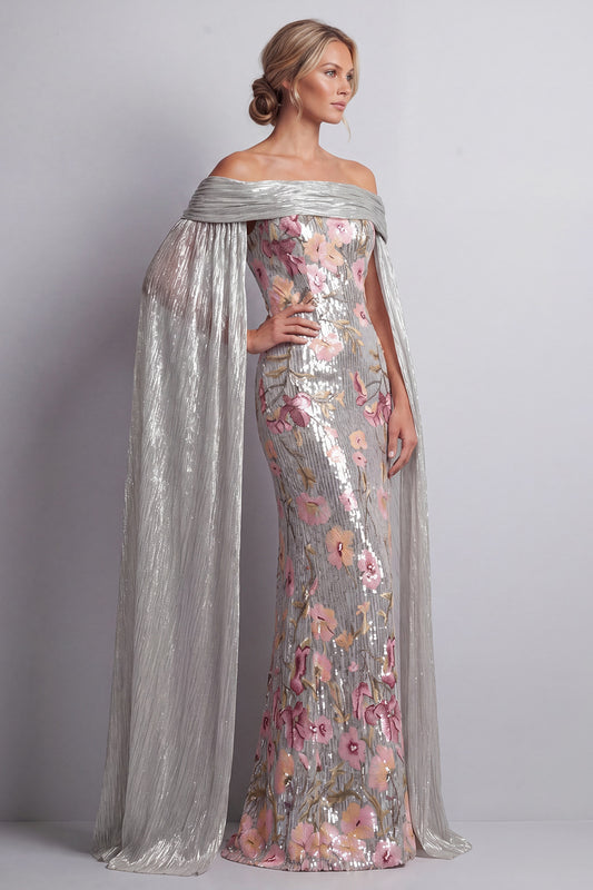 Sparkly Silver Sequin Floral Long Mermaid Mother of the Bride Dress with Cape