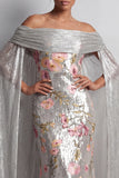 Sparkly Silver Sequin Floral Long Mermaid Mother of the Bride Dress with Cape