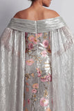 Sparkly Silver Sequin Floral Long Mermaid Mother of the Bride Dress with Cape