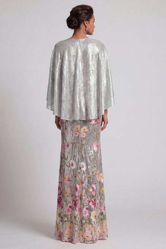 Long Mermaid Sparkly Silver Sequin Floral Mother of the Bride Dress with Cape